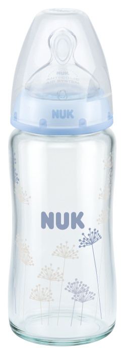 NUK, First Choice+, Glasflaska m dinapp strl 1 M, Silikon, 240ml, Ljusblå