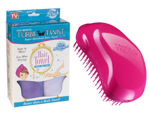 Turbie Twist, Handduk för håret, 2-pack, Lila + Tangle Teezer, Hårborste, Rosa, Paket