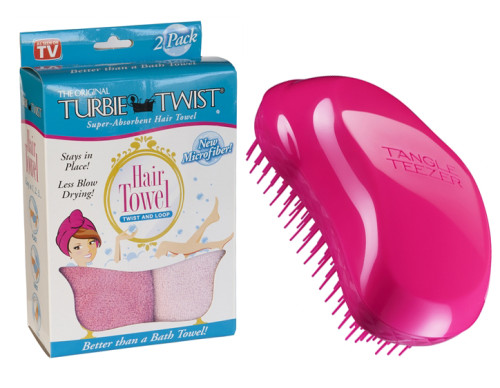 Turbie Twist, Handduk för håret, 2-pack, Rosa + Tangle Teezer, Hårborste, Rosa, Paket