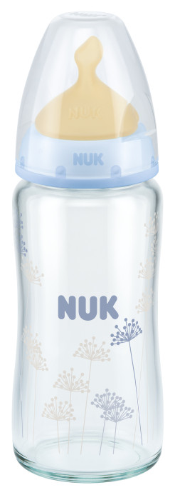NUK, First Choice+, Glasflaska m dinapp, Latex/Naturgummi, 240ml, Ljusblå