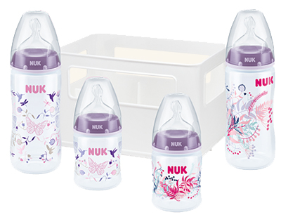 NUK, First Choice+, Startset Nappflaskor m dinapp, Silikon, 4-pack, Lila
