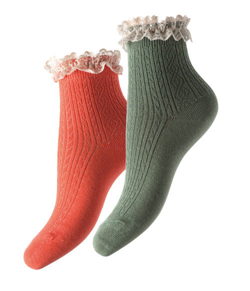 Little Pieces, Strumpor, Lace Trim, 2-pack, Clear Coral