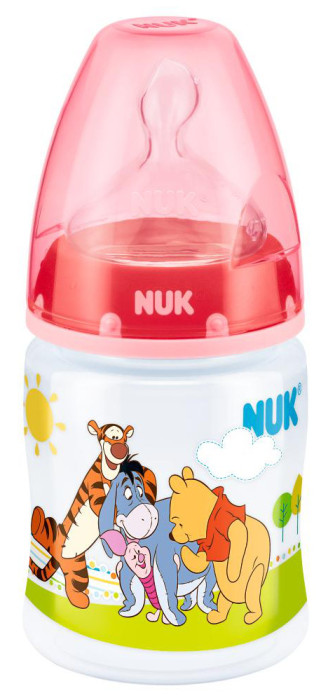 NUK, First Choice, Nappflaska m dinapp, 150ml, Nalle Puh, Röd