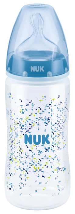 NUK, First Choice+, Nappflaska m dinapp, Silikon, 300ml, Blå