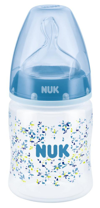 NUK, First Choice+, Nappflaska m dinapp, Silikon, 150ml, Blå