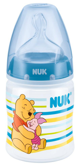NUK, First Choice, Nappflaska m dinapp, 150ml, Nalle Puh, Blå