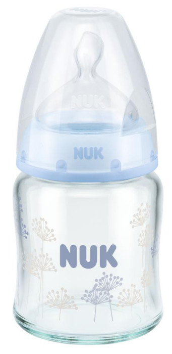 NUK, First Choice+, Glasflaska m dinapp strl 1 M, Silikon, 120ml, Ljusblå