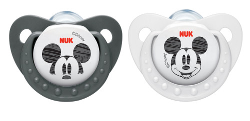 NUK, First Choice, Napp strl 2, Silikon, 2-pack, Musse Pigg, Svart/Vit